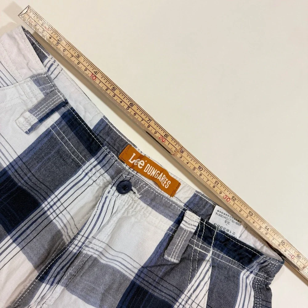 Lee Dungarees Cargo Shorts Mens 33 Blue White Plaid Good Cotton Utility Pocket